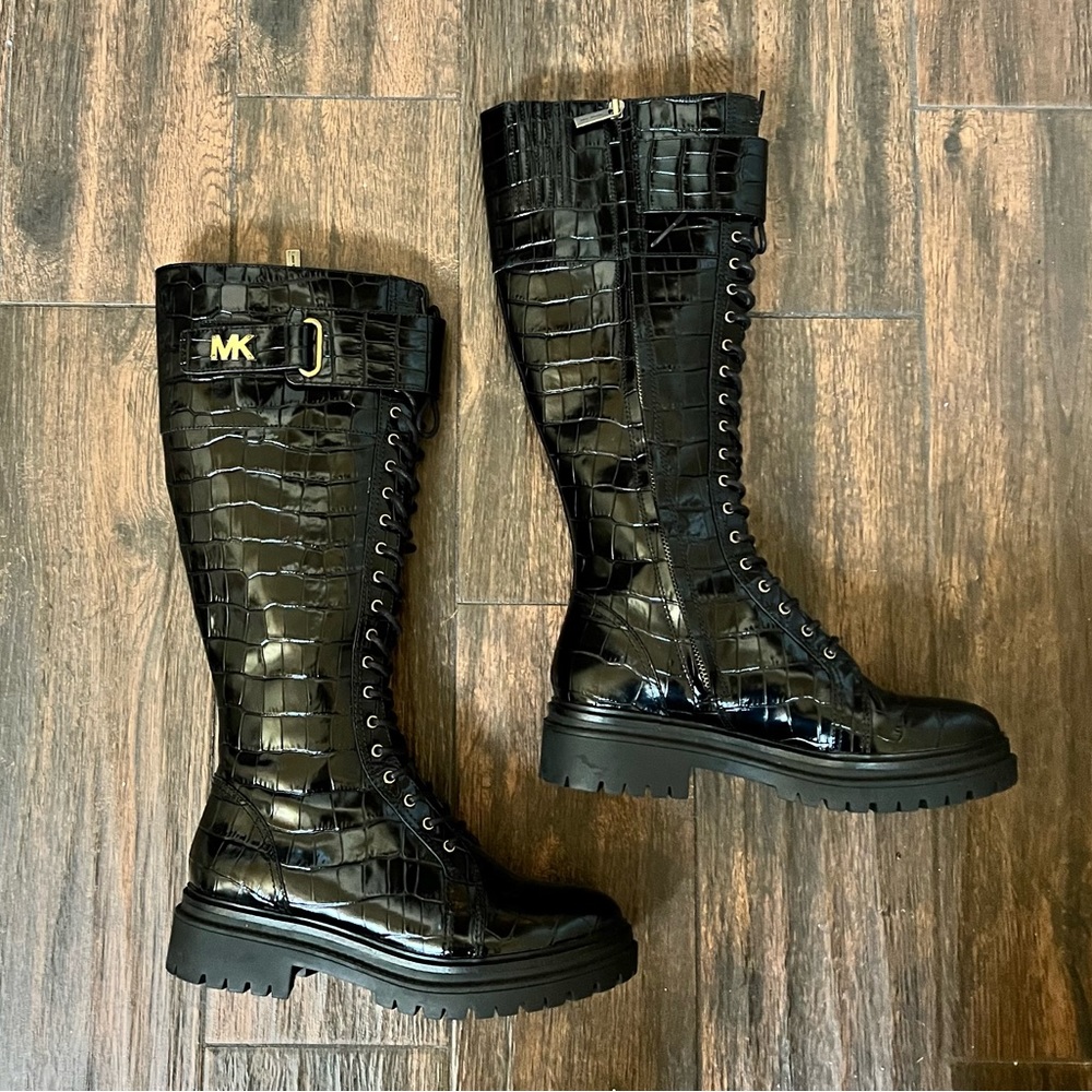 Michael Kors Stark Crocodile Embossed Leather Combat Boot